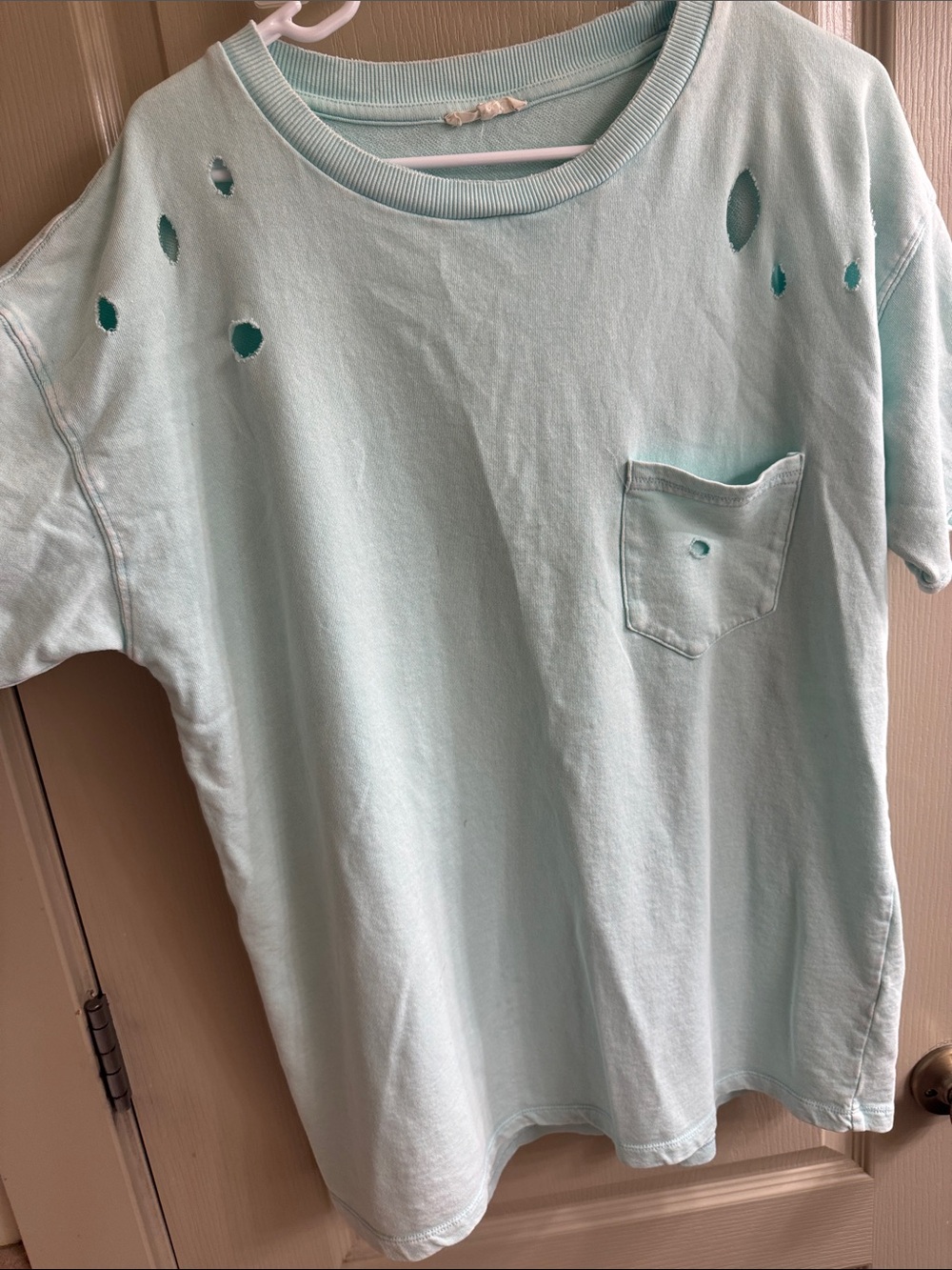 easel Light Mint Short Sleeve Pocket Tee with Distressed Holes